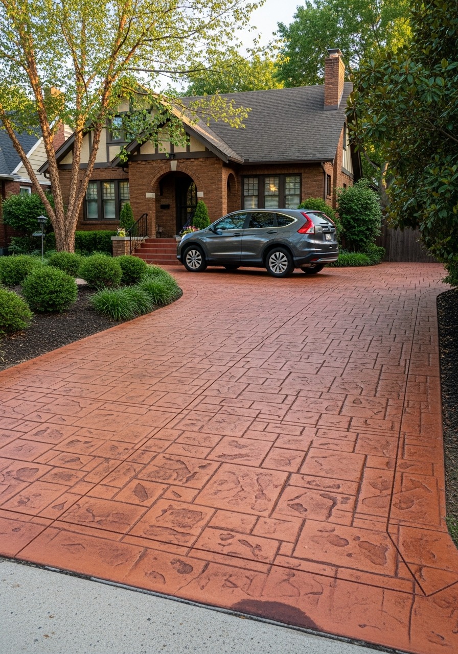 Warm terracotta stamped concrete driveway with cobblestone or slate pattern, craftsman bungalow exterior, golden hour afternoon light