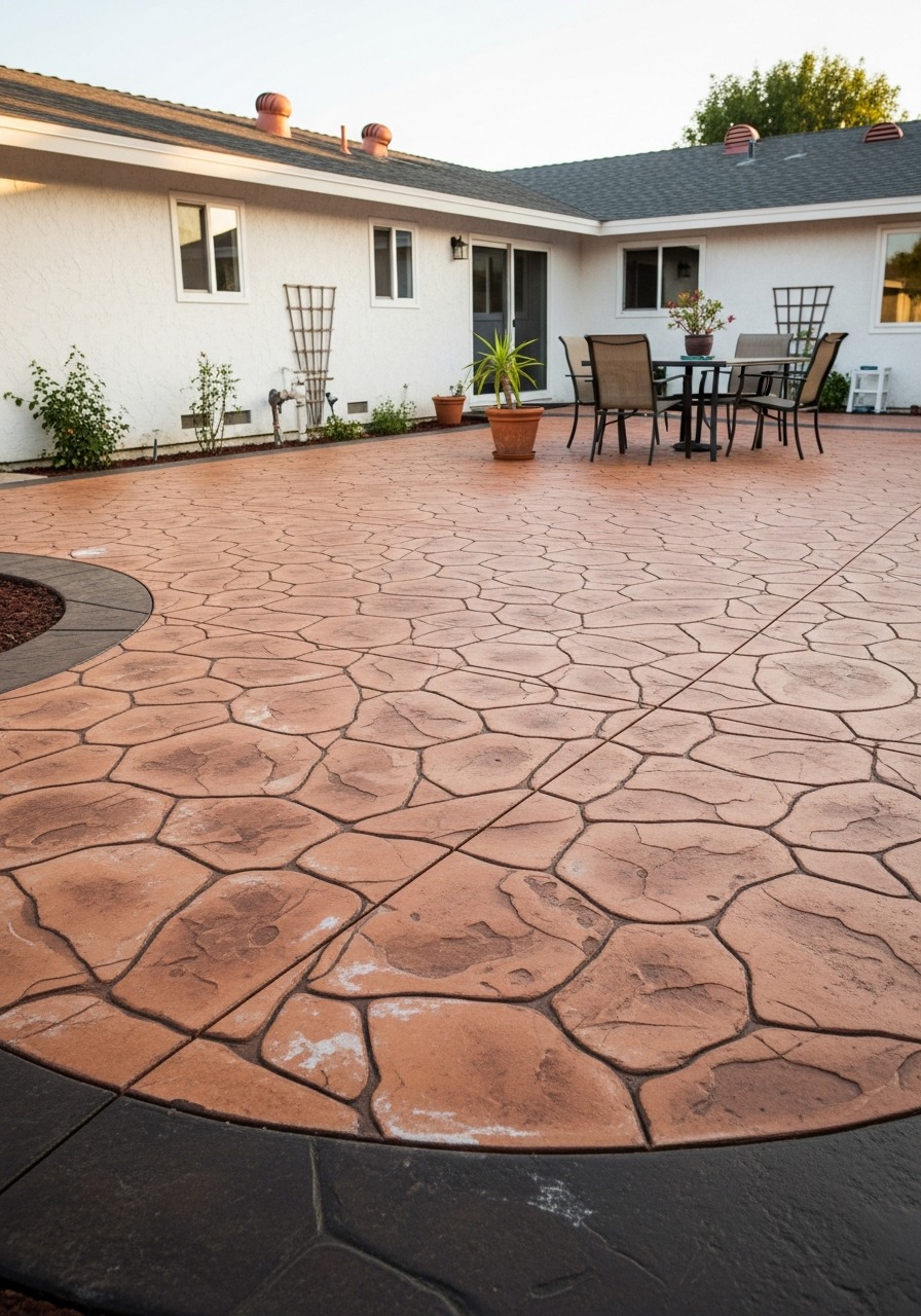 Terracotta stamped concrete patio with warm rust-orange color wash and random flagstone pattern, residential backyard