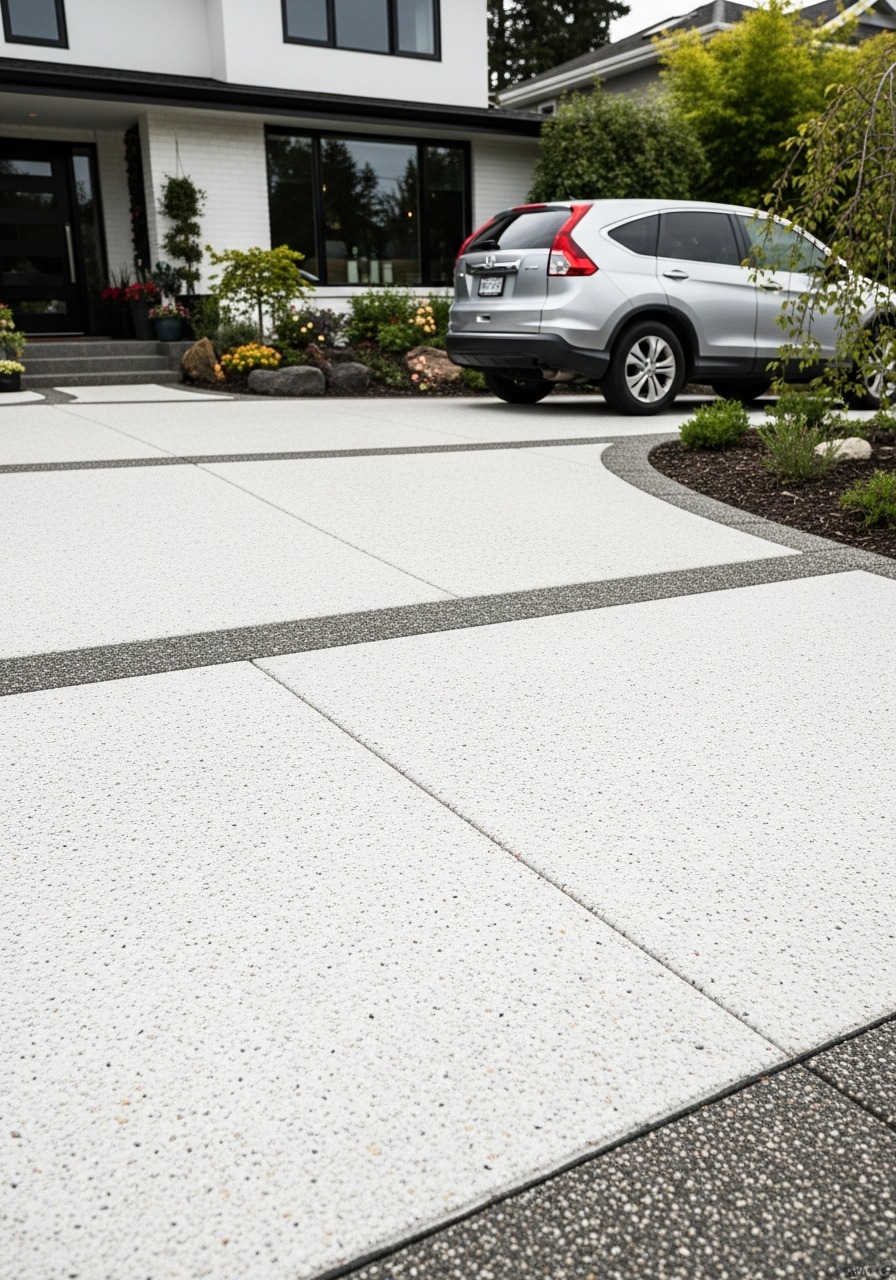 White exposed aggregate concrete driveway with bright quartz and white pebble finish, contemporary home exterior, soft overcast daylight