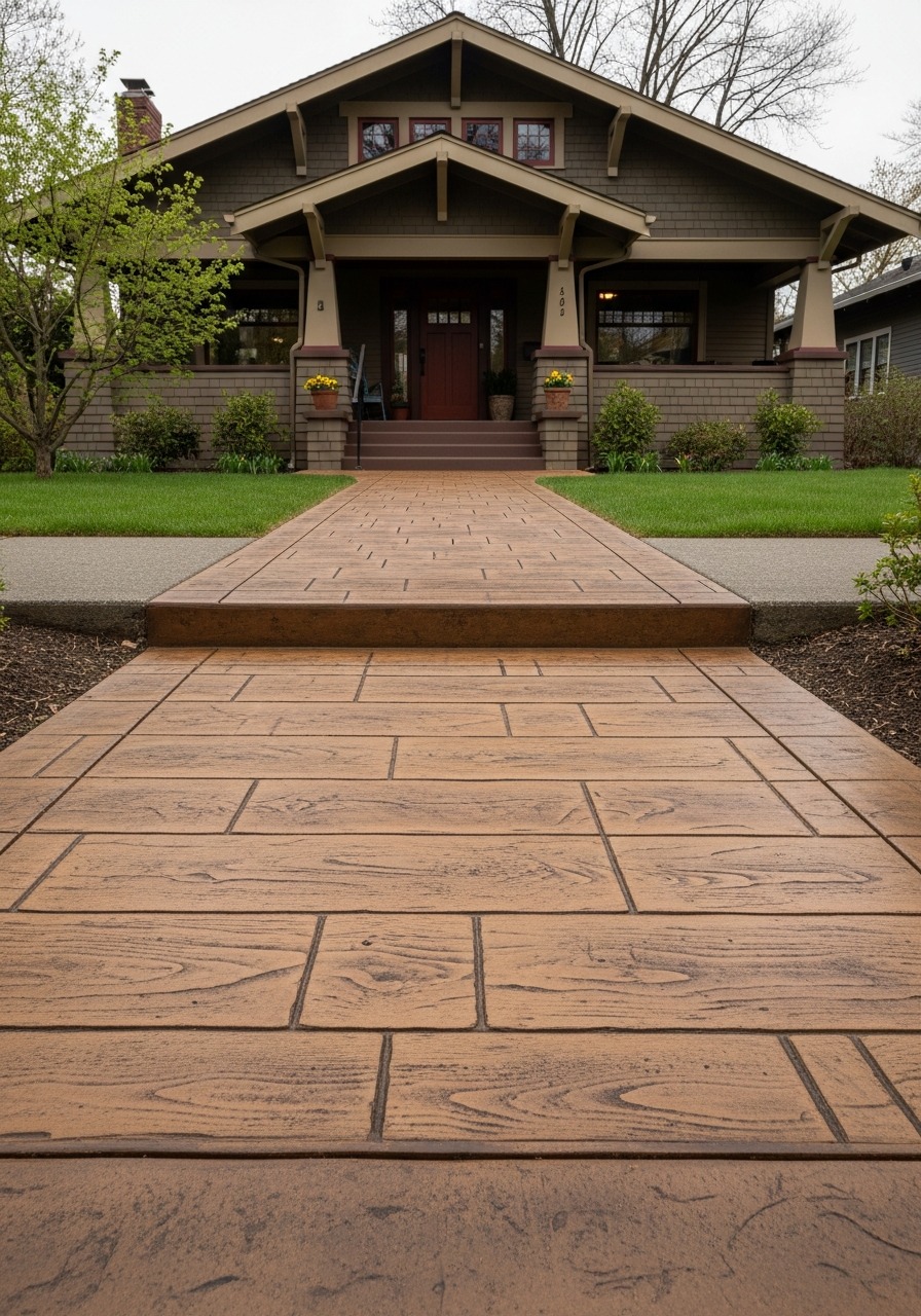 Wood plank stamped concrete walkway with warm brown tone leading to craftsman home entry