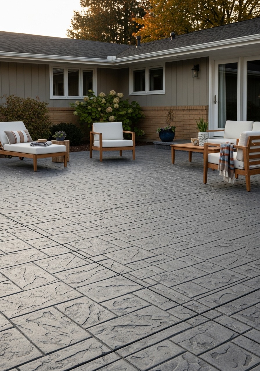 Warm grey concrete patio color palette showing tonal range from light dove to deep charcoal